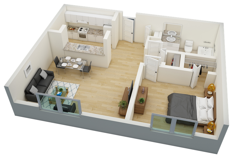 Floor plan for 1 bed, 1 bath, 530 sqft